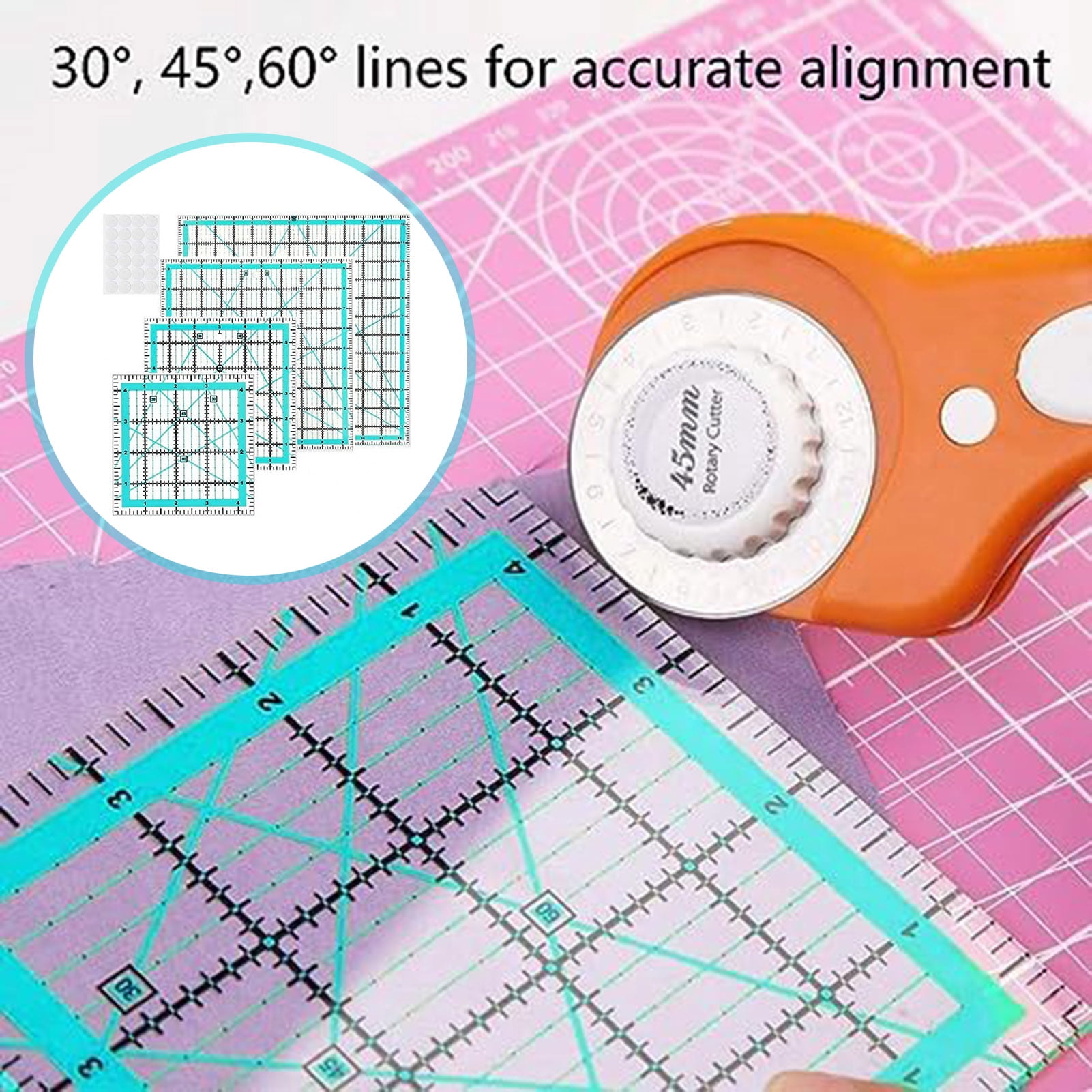 OIUR 4Pcs Acrylic Quilting Ruler with Non-Slip Rings 4.5/6/9.5/12.5-Inch Square Fabric Cutting Patchwork Ruler with Clear Mark DIY Sewing Craft Projects Template