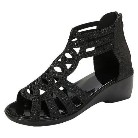 

DVKOVI Comfortable Sandals Womens Wedge Sandals Dressy Women Gladiator Sandals Ladies Summer Rhinestone Bright Hollow Soft Bottom Outside Wear Slope with Large Size Fish Mouth Sandals Black 38