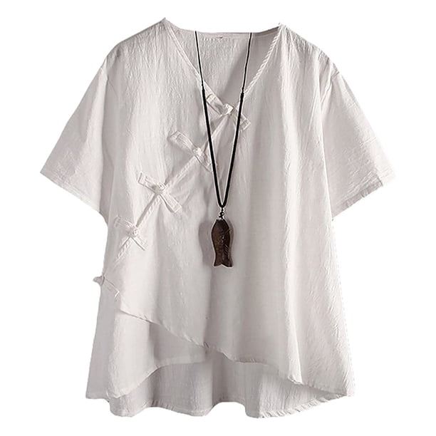 Amousa - Camiseta clásica vintage de lino para mujer, estilo chino, con cuello en V, estilo túnica Pankou, blusa blanca con botones para mujer