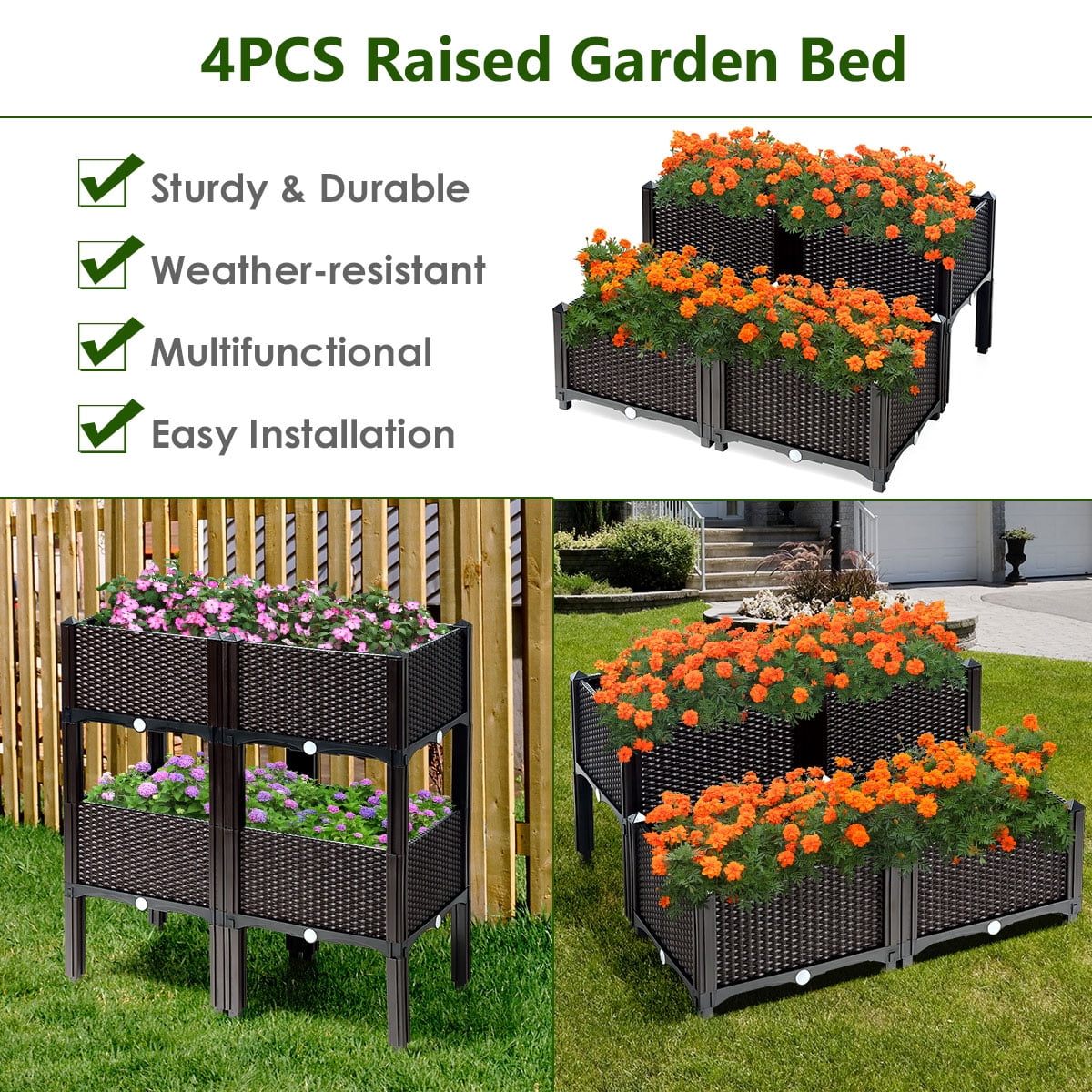 Costway Set of 4 Raised Garden Bed Elevated Flower Vegetable Herb Grow Planter Box Brown