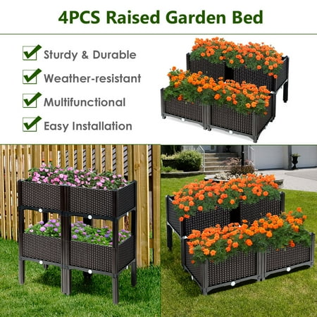 Costway Set of 4 Raised Garden Bed Elevated Flower Vegetable Herb Grow Planter Box - Brown + Black