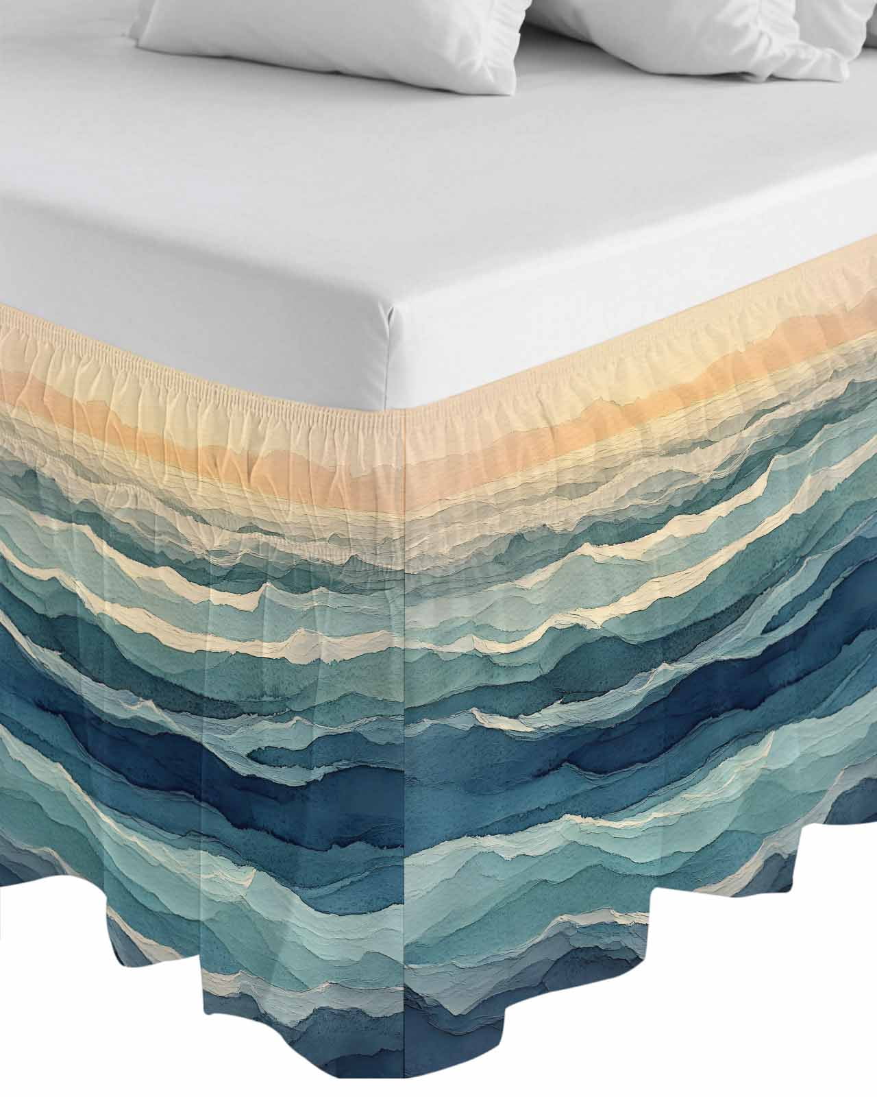 Abstract Ocean Bed Skirt California King Size 18 Inch Drop, Dark Blue Ripple Sunset Minimalist Art Wrap Around Dust Ruffle Bedskirts, Easy Fit Bedskirt with Adjustable Elastic
