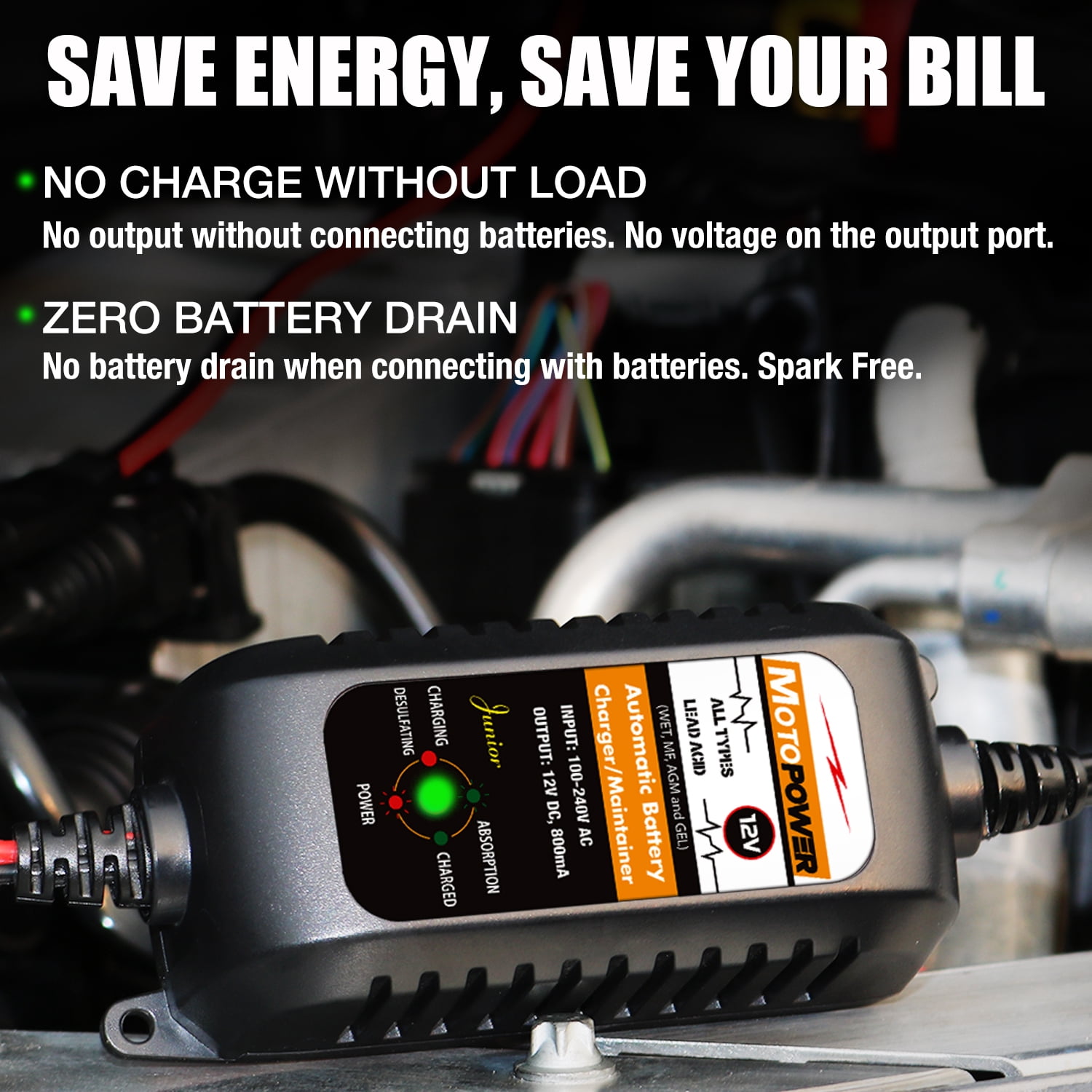 MOTOPOWER 12V 800mA Fully Automatic Battery Charger Battery Maintainer Trickle Charger Desulfator