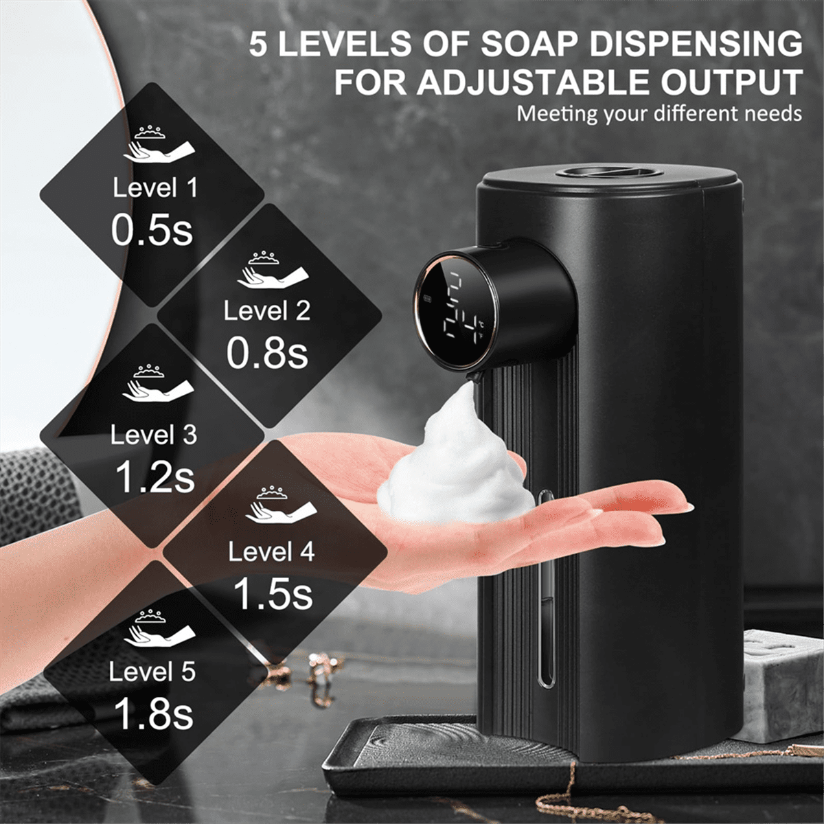 Touchless Automatic Foaming Soap Dispenser 11.83Oz, 5 Adjustable Levels, Suitable For Kitchen & Bathroom Foam Black