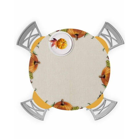 

Round Tablecloth with Elastic Thanksgiving Fall Farm Maple Leaves Pumpkin and Corn Retro Style Waterproof Stain-proof Table Cover Wipeable Fitted Table Cloths for 45 -54 Round Tables Dining Kitchen