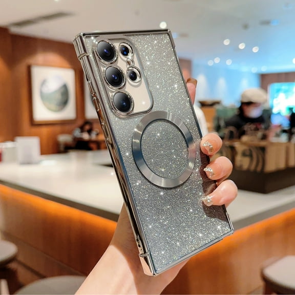 for Samsung Galaxy S23 Ultra Magnetic Phone Case,Compatible with MagSafe Charging,Gradient Bling Glitter Case for Women Girls,Luxury Plating Clear Soft TPU Shockproof Phone Cover,Silver