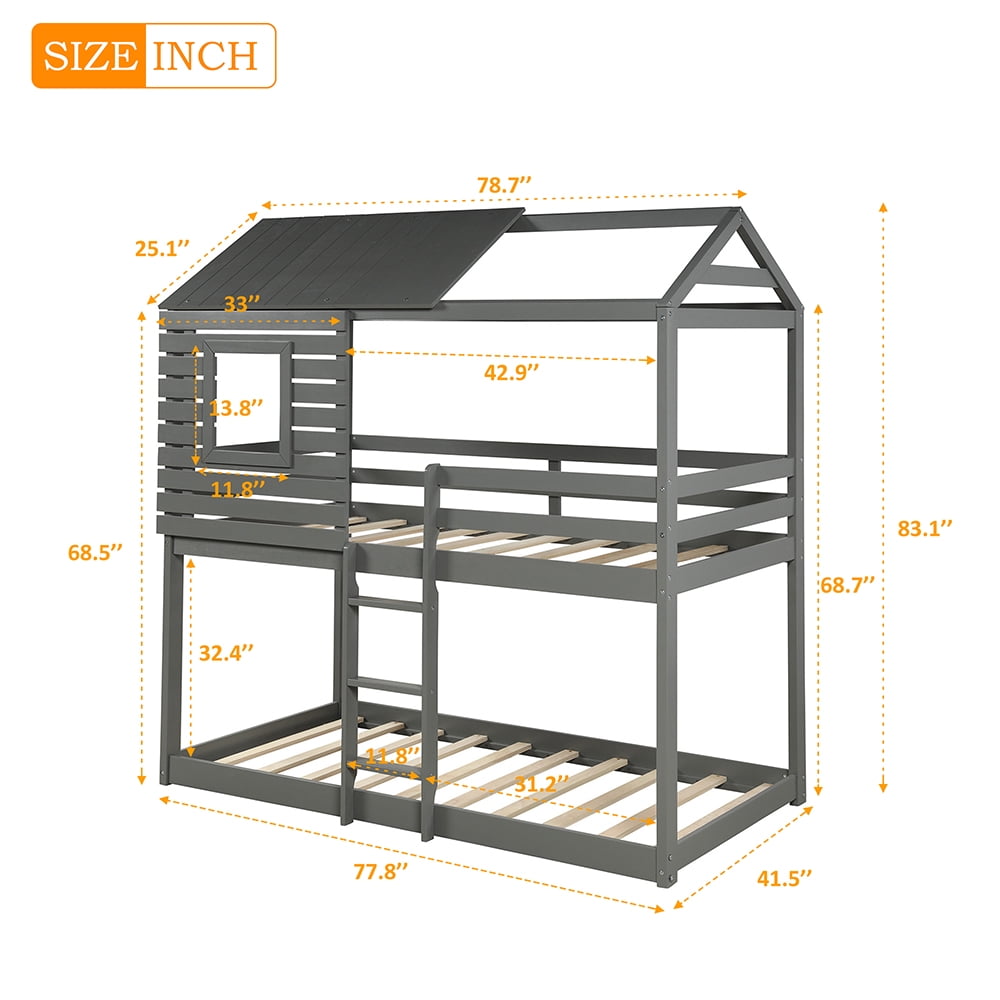 Kepooman Twin Over Twin Wood Bunk Bed with Roof & Window & Guardrail & Ladder for Kids, 77.8"L x 41"W x 83.1"H, Gray Kepooman Twin Over Twin Wood Bunk Bed with Roof & Window & Guardrail & Ladder for Kids, 77.8"L x 41"W x 83.1"H, Gray