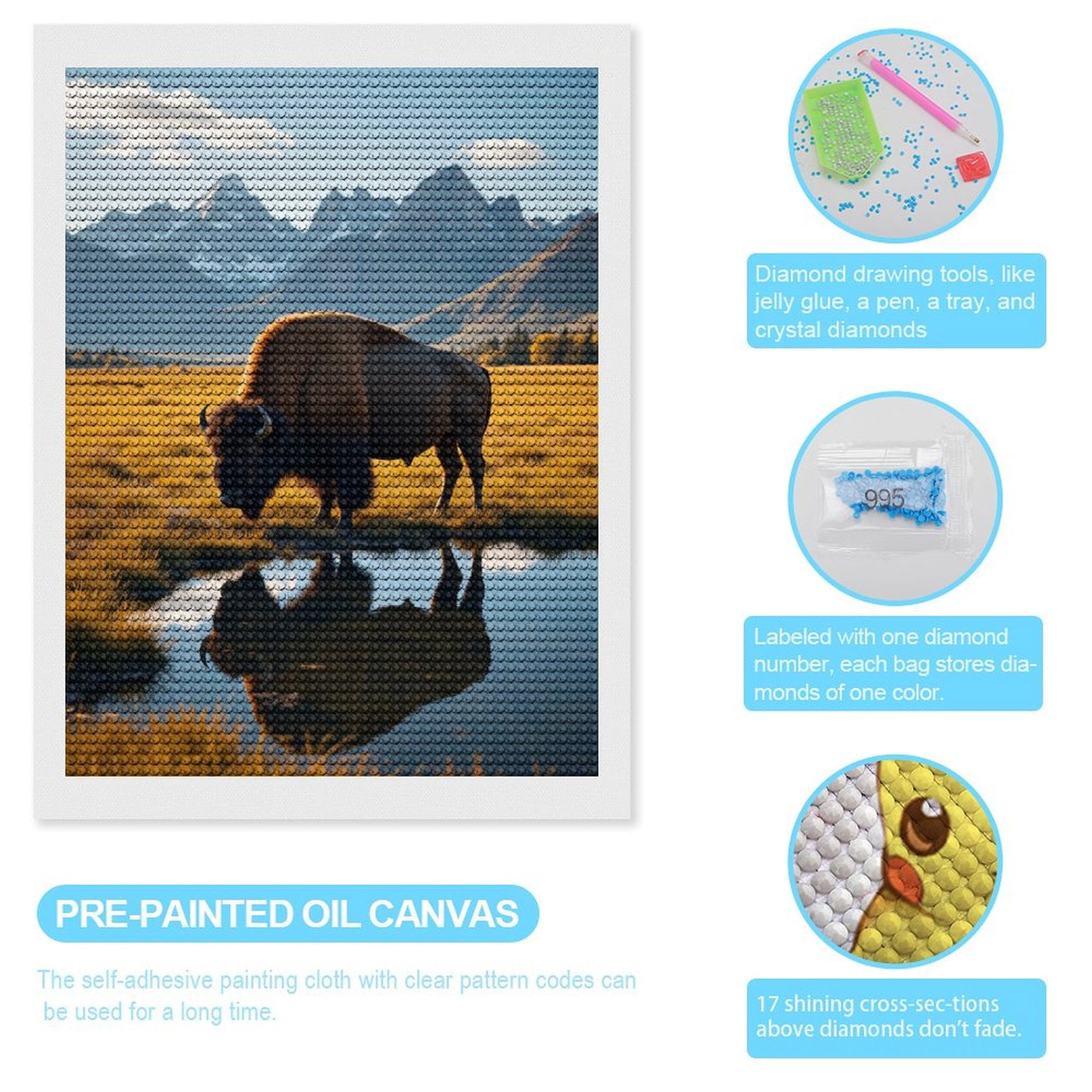 Diamond Art Kits for Adults, Bison Mountain Reflection Meadows 5D Diamond Painting Kits for Adults Beginners, DIY Full Drill Diamond Painting, Gem Art and Crafts 12x16