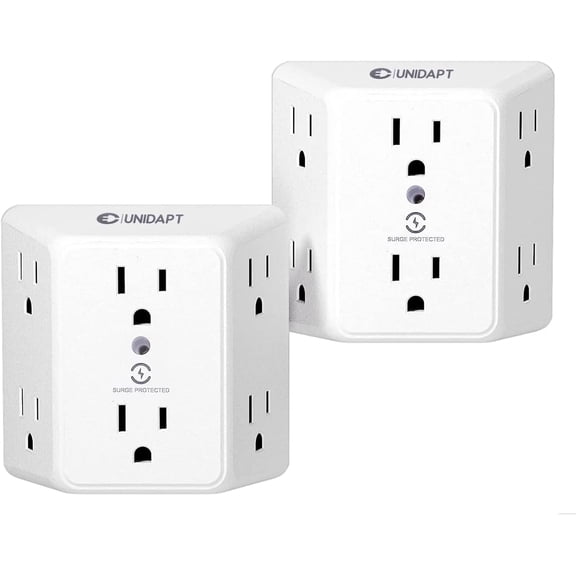 Unidapt Multi Plug 6 Outlet Extender, 2 Pack Surge Protector Wall Splitter, 1800J Power Strip 3 Side Wide Spaced Adapter Multiple Charger Expander, Mountable Wall Tap for Office Home Travel ETL Liste