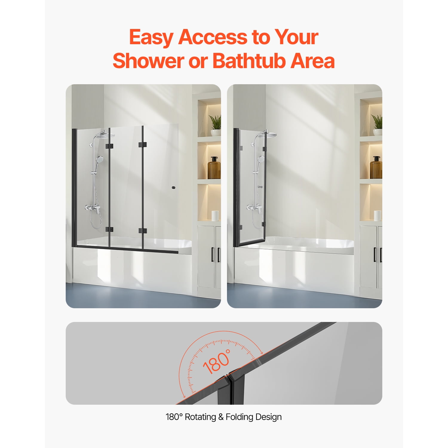 KFFKFF Shower Door for Bathtub, Dimensions 51 in. Width x 56 in. Height, Hinged Shower Door without Frame, Three-Fold Glass Shower Door with 1/4 in Thick Tempered Glass, Design that Rotates