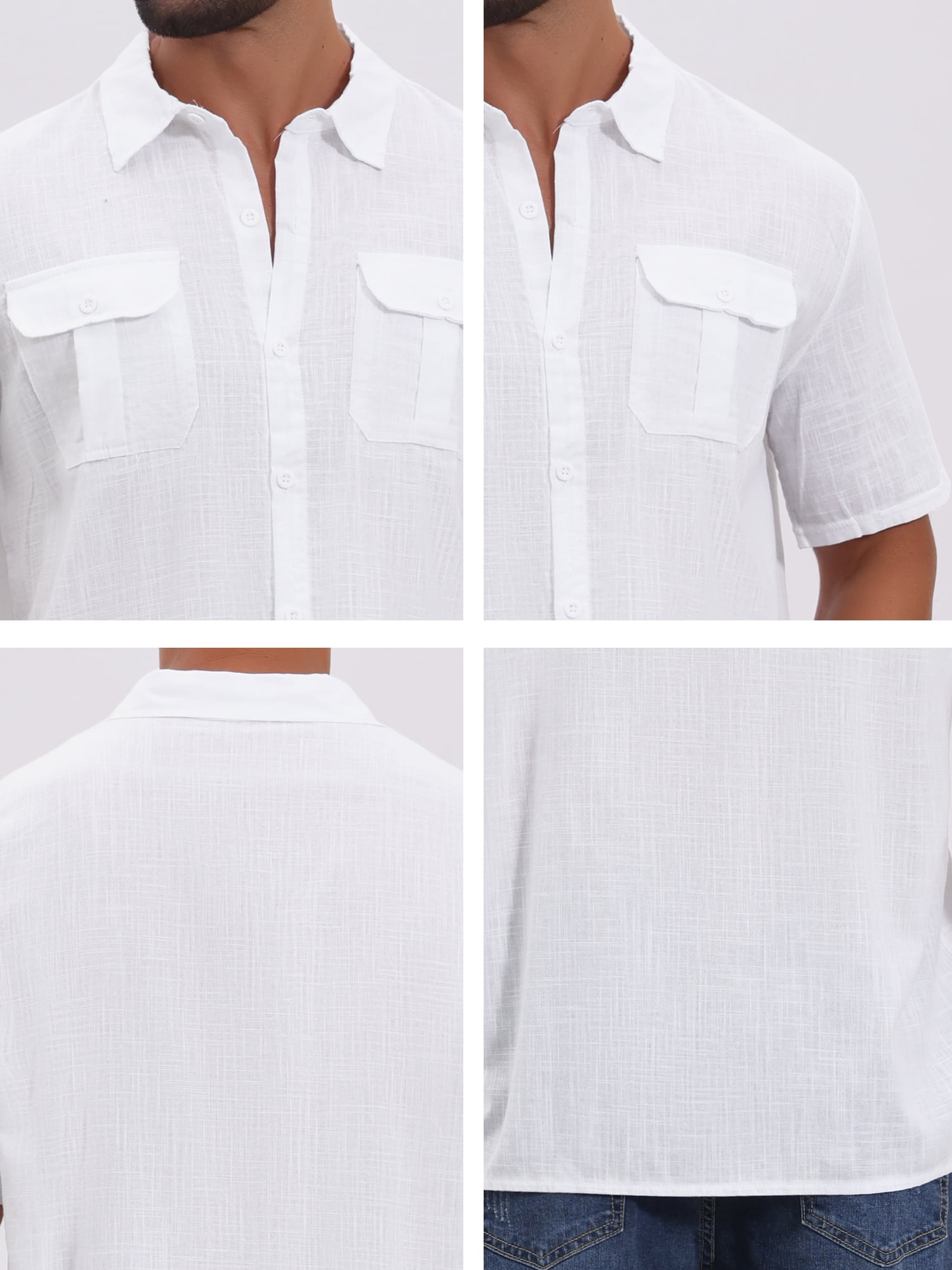 DARING DIVA Men's Solid Color Short Sleeve Button Down Linen Shirt M White