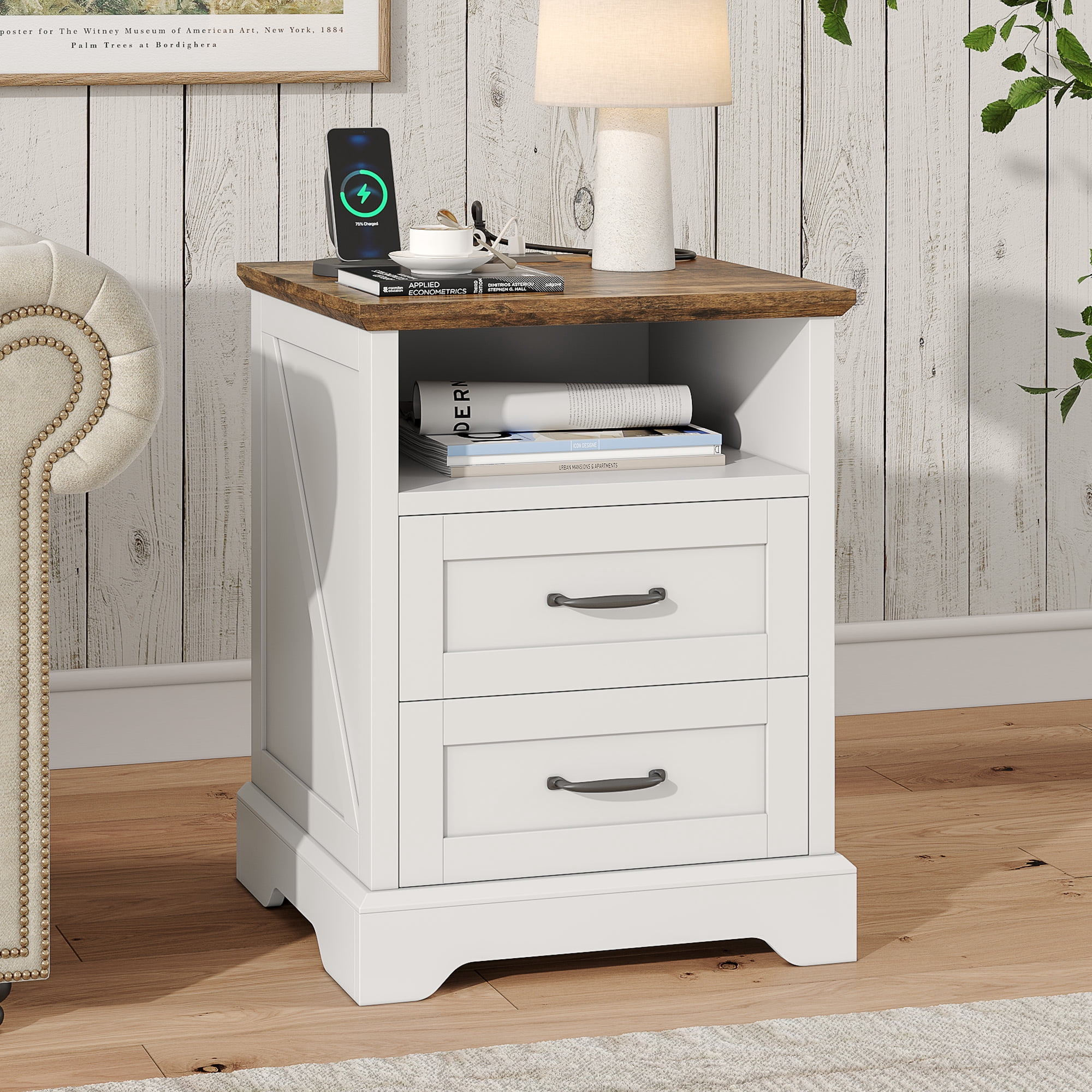 Nightstand with Charging Station, 18'' Farmhouse Bedroom Side Table, Modern End Table, White