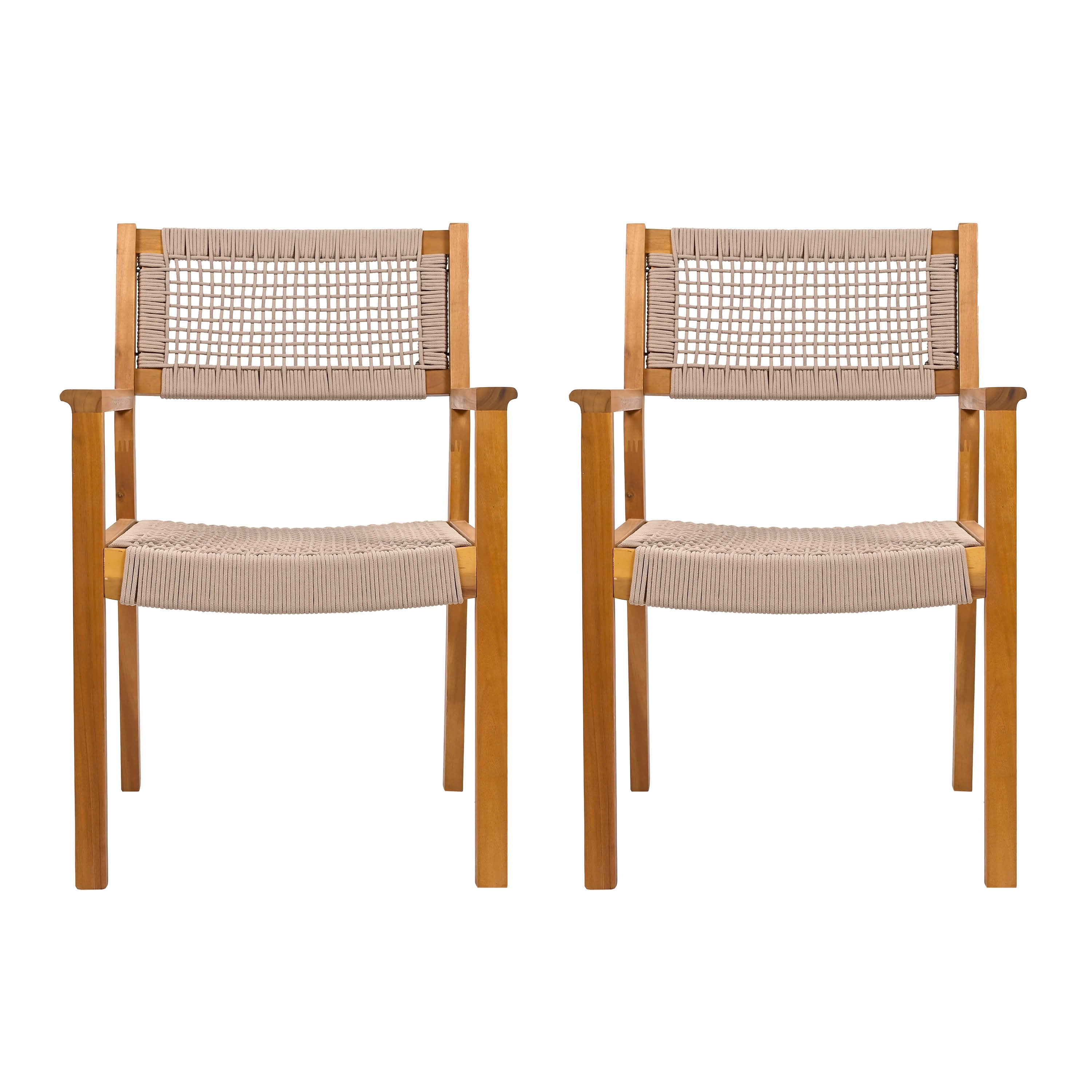 MAYEERTY Set of 2 Patio Teak Finish Acacia Wood Rope Dining Chairs, 400lbs Weight Capacity