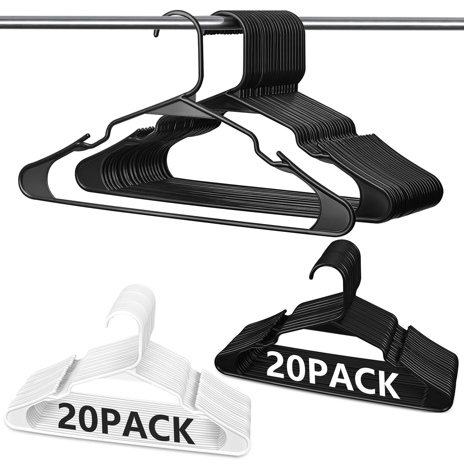 Invoibler 20 Pack Plastic Hangers, Black Notched Clothes Hangers Space