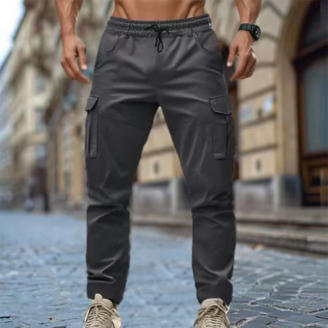 Yusimy Men's Casual Cargo Pants Drawstring Waist Solid Color Workwear Style Fashionable Versatile Breathable Loose Fit Outdoor Style
