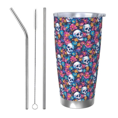 

Vsdgher Skull Daisy 20 Oz Stainless Steel Vacuum Insulated Travel Mug Coffee Cup for Home Office Outdoor Works Great for Ice Drinks and Hot Beverage -Straw Three-piece Set