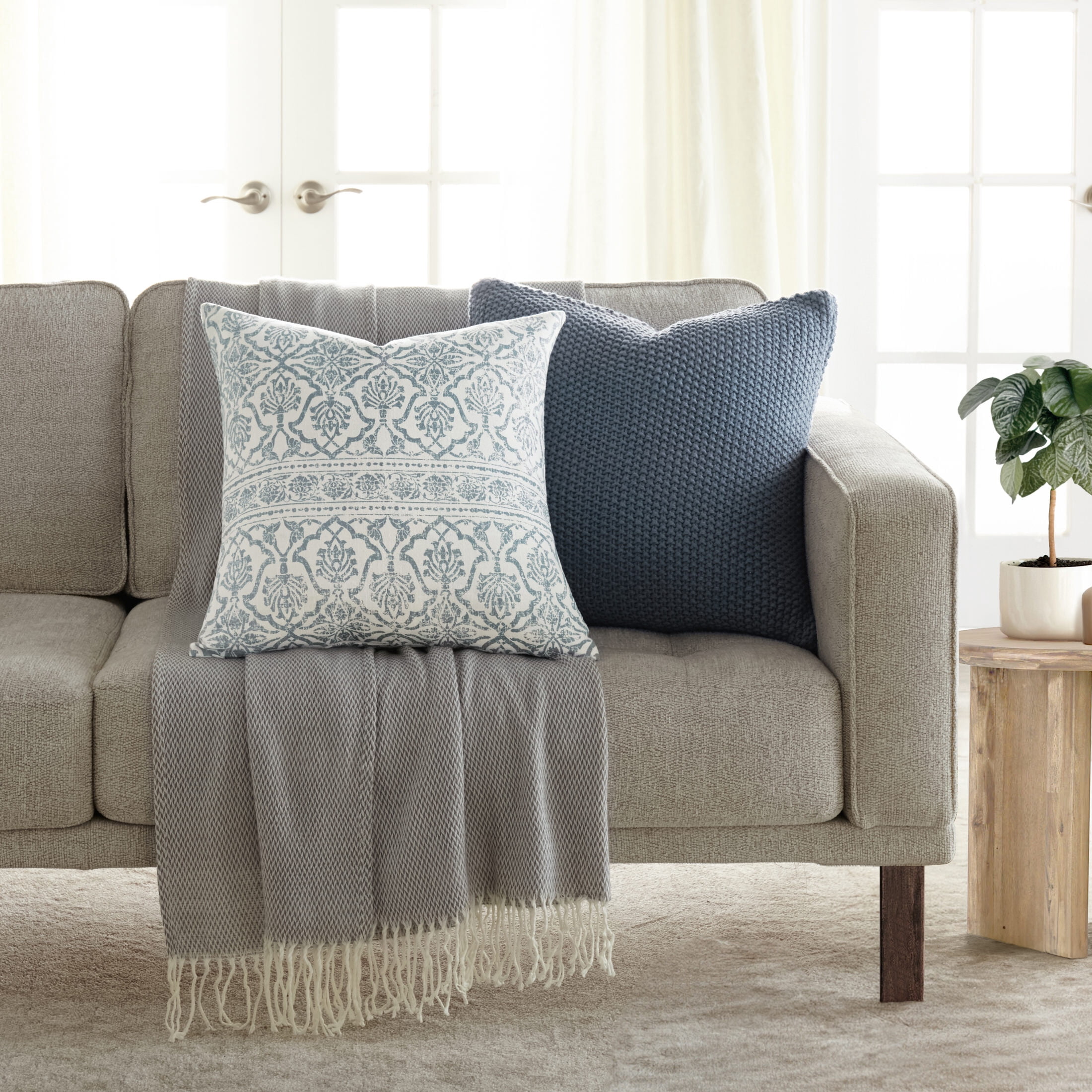 2-Pack Decor Throw Pillows in Cotton Slub Antique Floral and Acrylic Knit by Comfort Canopy