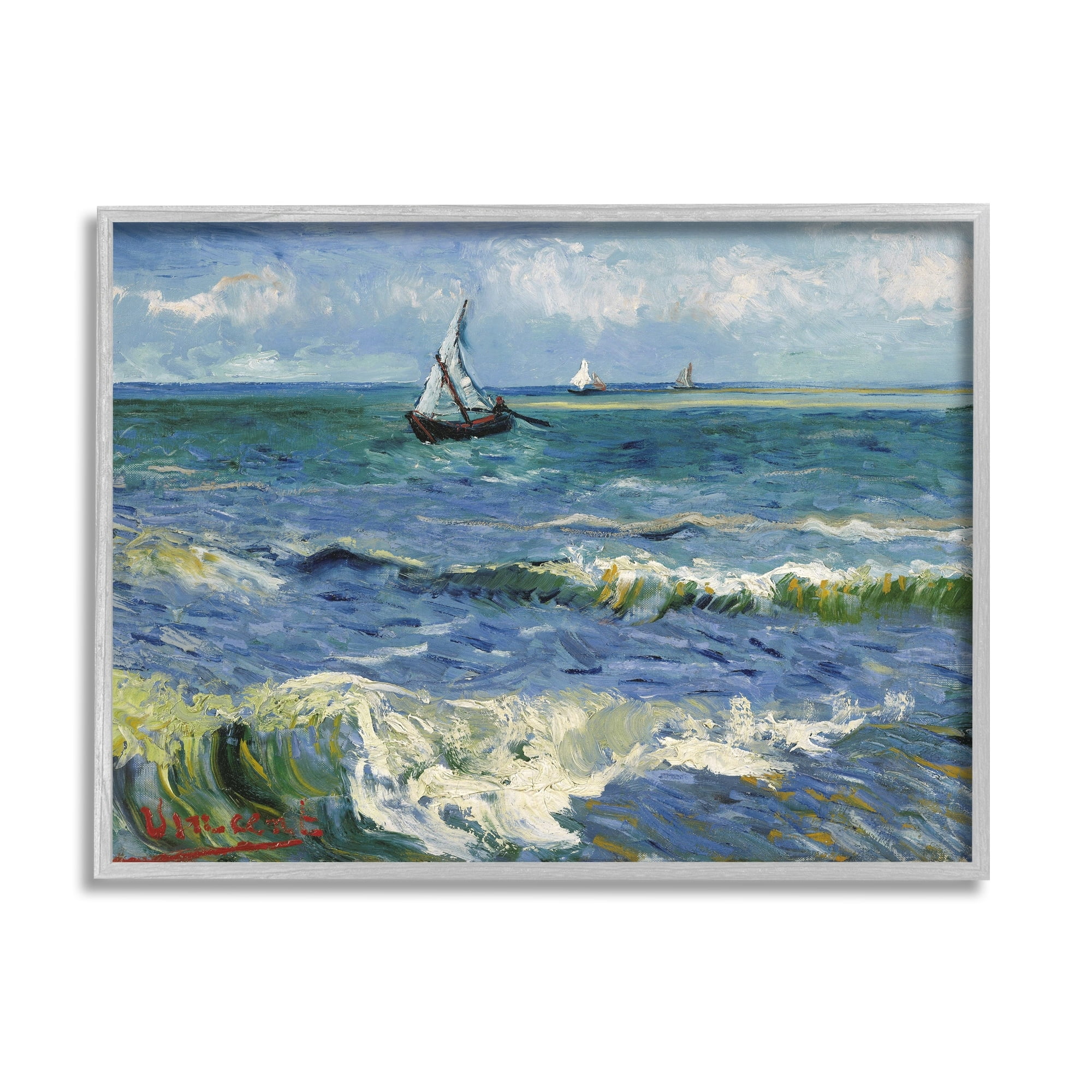 Stupell Industries The Sea at Les Saintes-Maries-de-la-Mer Vincent van Gogh Painting Painting Gray Framed Art Print Wall Art, Design by one1000paintings