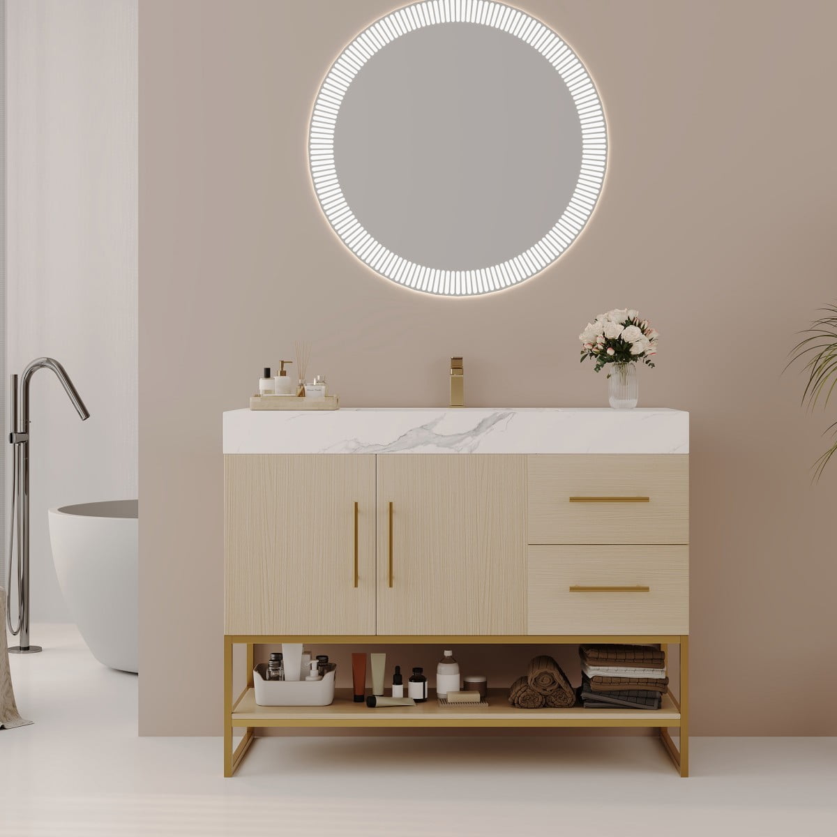 36" Bathroom Vanity with Sink, Freestanding Bathroom Vanity Cabinet with Sintered Stone Top, Seamless Ceramic Basin, Gold Stainless Steel Legs, Storage Drawers & Open Shelf, White &Wood