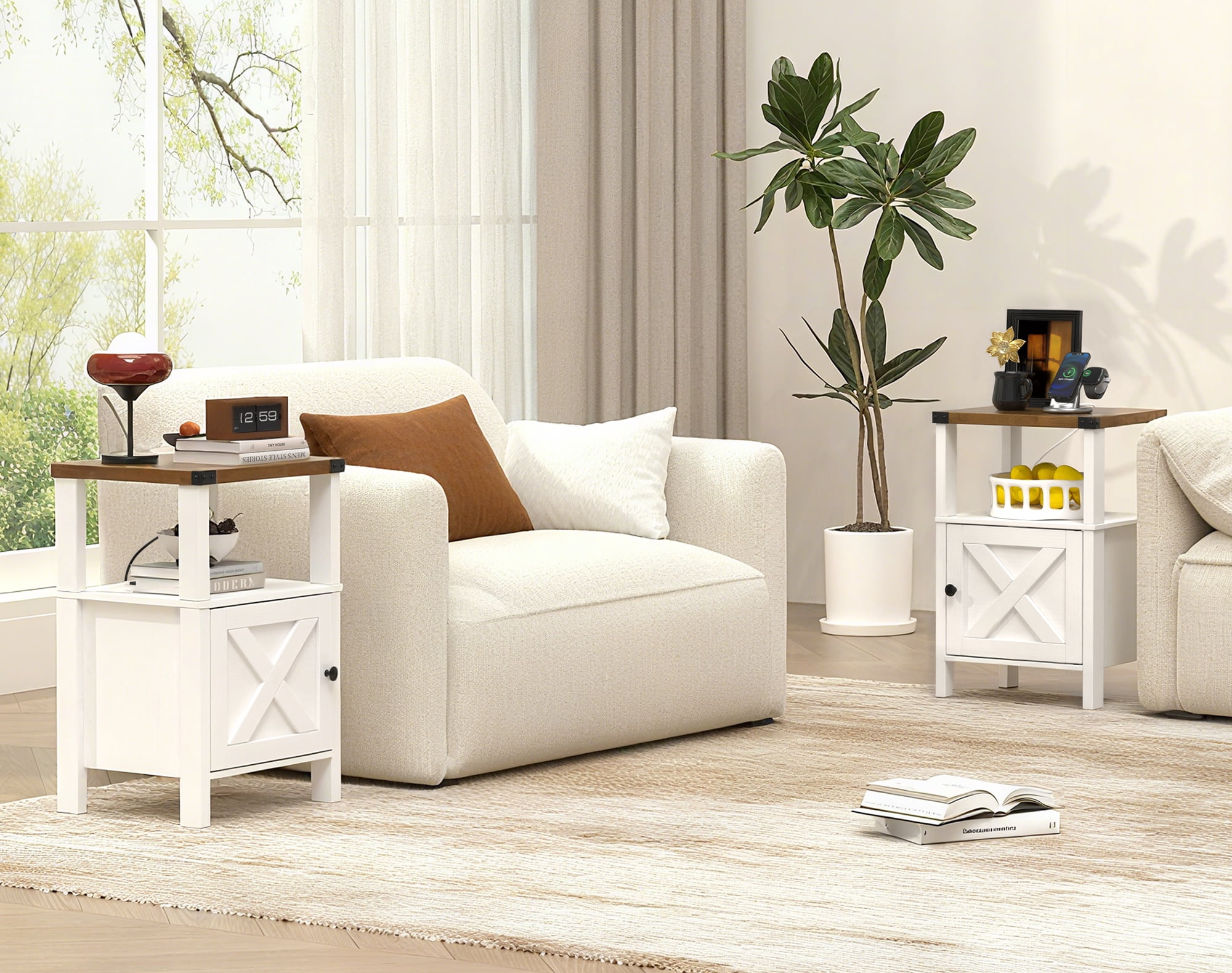EVOKEDEN 2PCS Farmhouse Nightstands w/ Charging Station & Storage, Wood Side Table w/ Barn Door for Bedroom Living Room, White