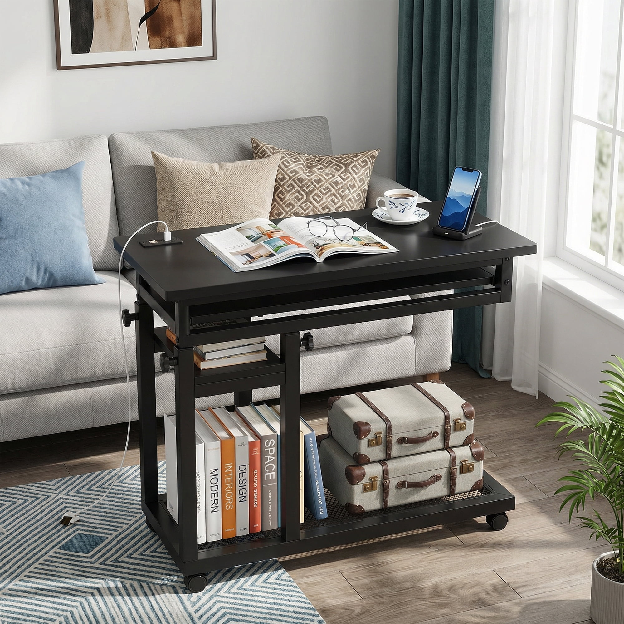 MAYEETY Height Adjustable Mobile C Table with Power Outlet & Keyboard Tray Sofa Side Table
