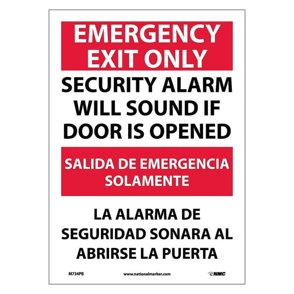 National Marker Emergency Exit Security Alarm Will Sound If Door Is Opened Bilingual 14X10 Adhesive
