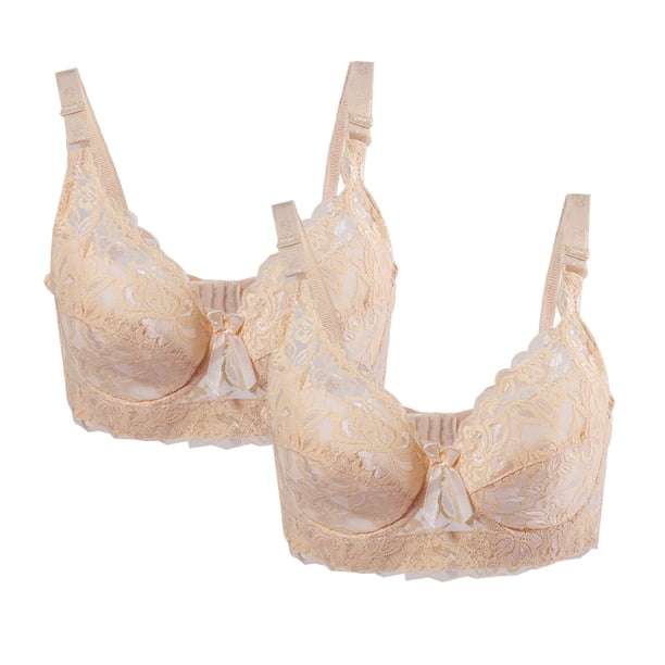 Sujetadores de copa completa para mujer, cómodo y transpirable, encaje floral, cobertura total, sujetador con aros sin relleno Beige-2 Piezas 44/100 Fit 42B/C