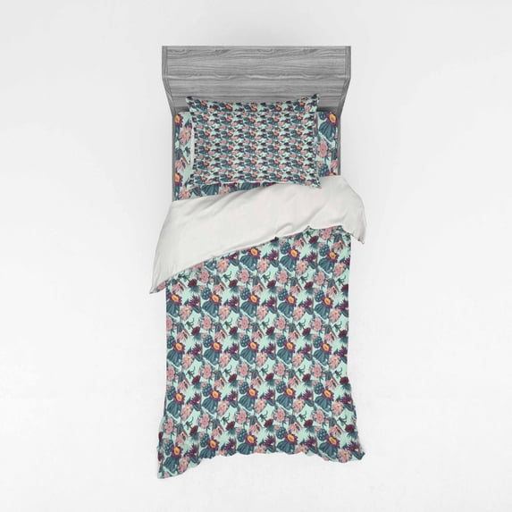 Floral Duvet Cover Set, Demonstration of Wild Flowers Petals Leaves Tropical Arrangement, Bedding Set with Shams and Fitted Sheet, 3 Sizes, by Ambesonne