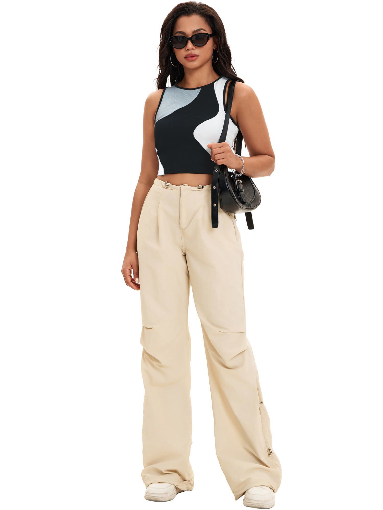 DARING DIVA Women's Color Block Ribbed Sleeveless Crop Tank Tops L Black Gray