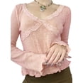 thumbnail image 2 of hirigin Women Fashion Wild Crop Tops Lace Patchwork V-Neck Long Sleeve Knitted T-Shirts Spring Autumn Slim Fit Bottoming Shirts, 2 of 7