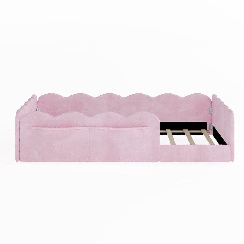 Twin Size Upholstered Floor Bed, Faux Rabbit Fur Daybed Frame with 2 Storage Pockets, Kids Bed with Wavy Design Fence