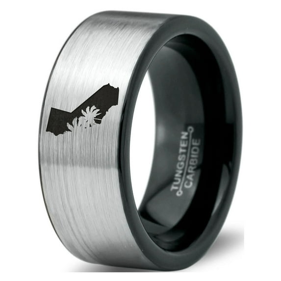 Tungsten California The Golden State Palm Trees Band Ring 8mm Men Women Comfort Fit Brushed Gray Flat Cut Black Polished