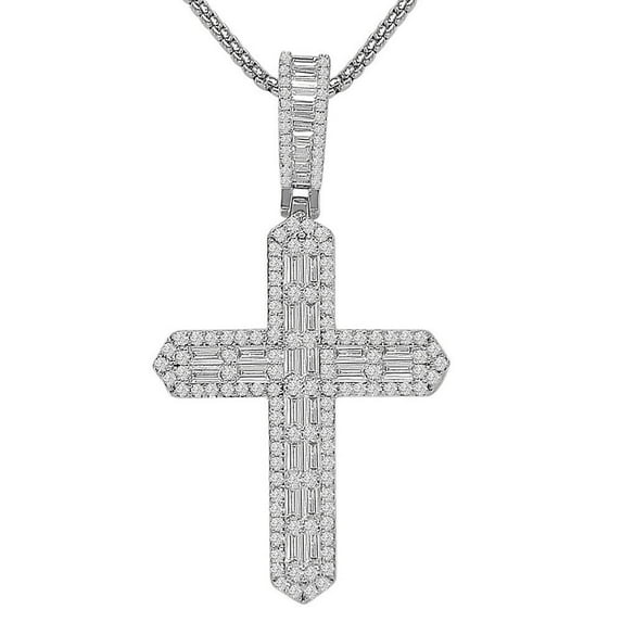 Baguette 14K White Gold Finish Simulated Diamond Holy Cross Charm Pendent +Chain 2.5''
