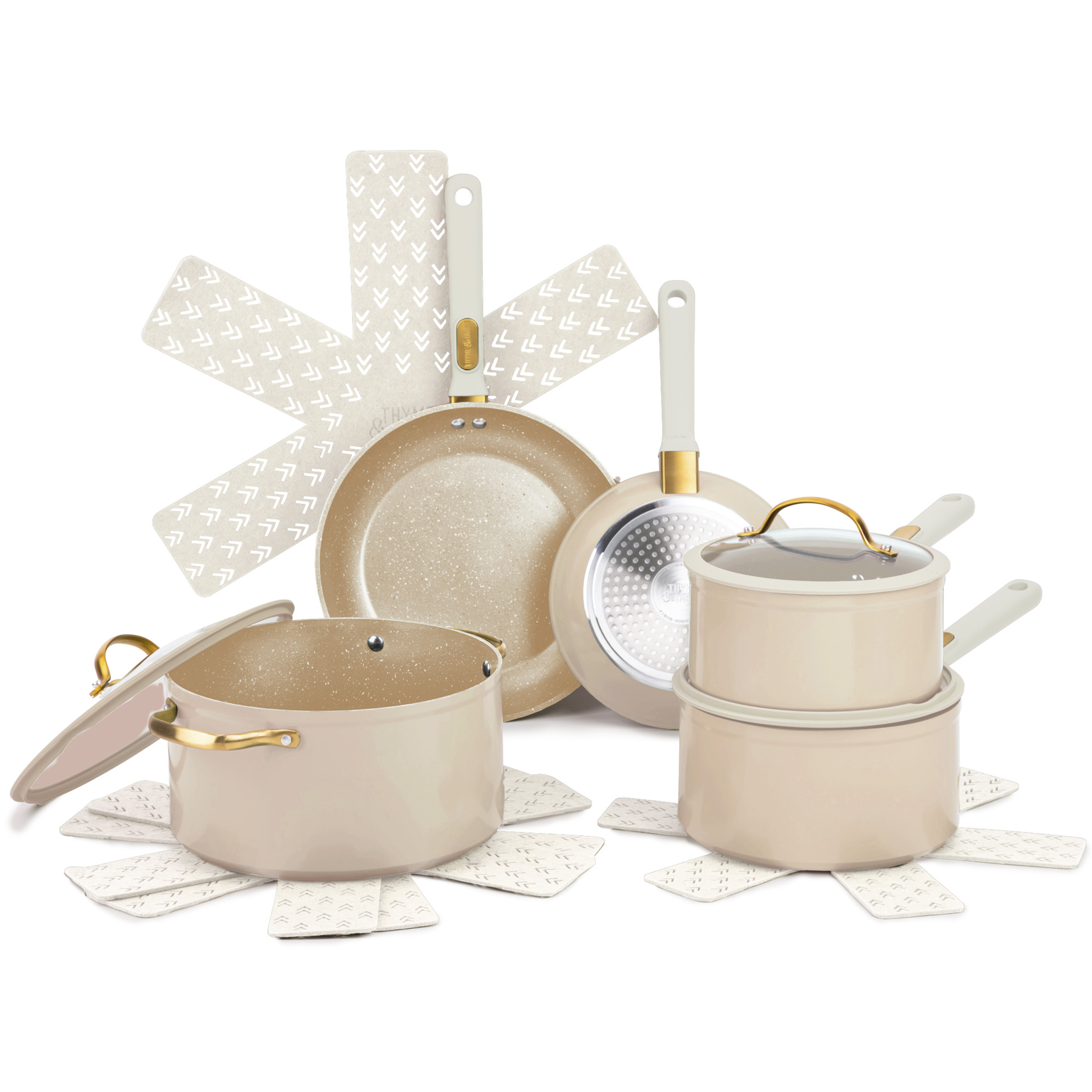 Thyme & Table 12-Piece Ceramic Non-Stick Granite Collection Cookware Set, Non-Toxic Pots and Pans Set - Taupe & Gold