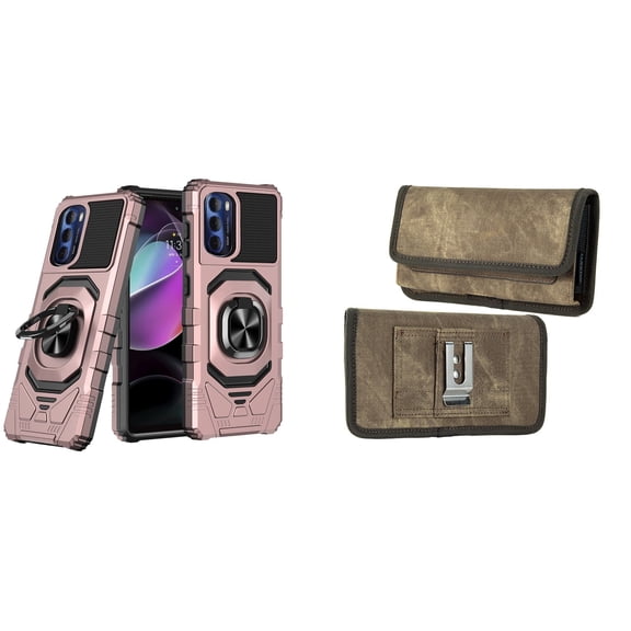 Case with Belt Holster Bundle for Moto G Stylus 5G 2022: Heavy Duty Shield Cover (Rose Gold) and Rugged Denim Nylon Phone Pouch (Tan Brown)