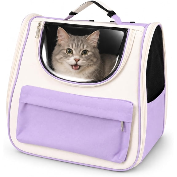 PHYEX Cat Backpack Carrier, Foldable Pet Carrier Backpack for Cats and Small Dogs, Built-in Safety Clip, Dual-Sided Ventilation Mesh, for Travel, Walking, Hiking & Vet Visits, Purple