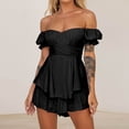 thumbnail image 2 of REORIAFEE Short Rompers for Women Summer off the Shoulder Short Sleeve Romper Solid Color Womens Summer Romper Suspender Short Jumpsuit Womens Romper Dressy Black L, 2 of 8