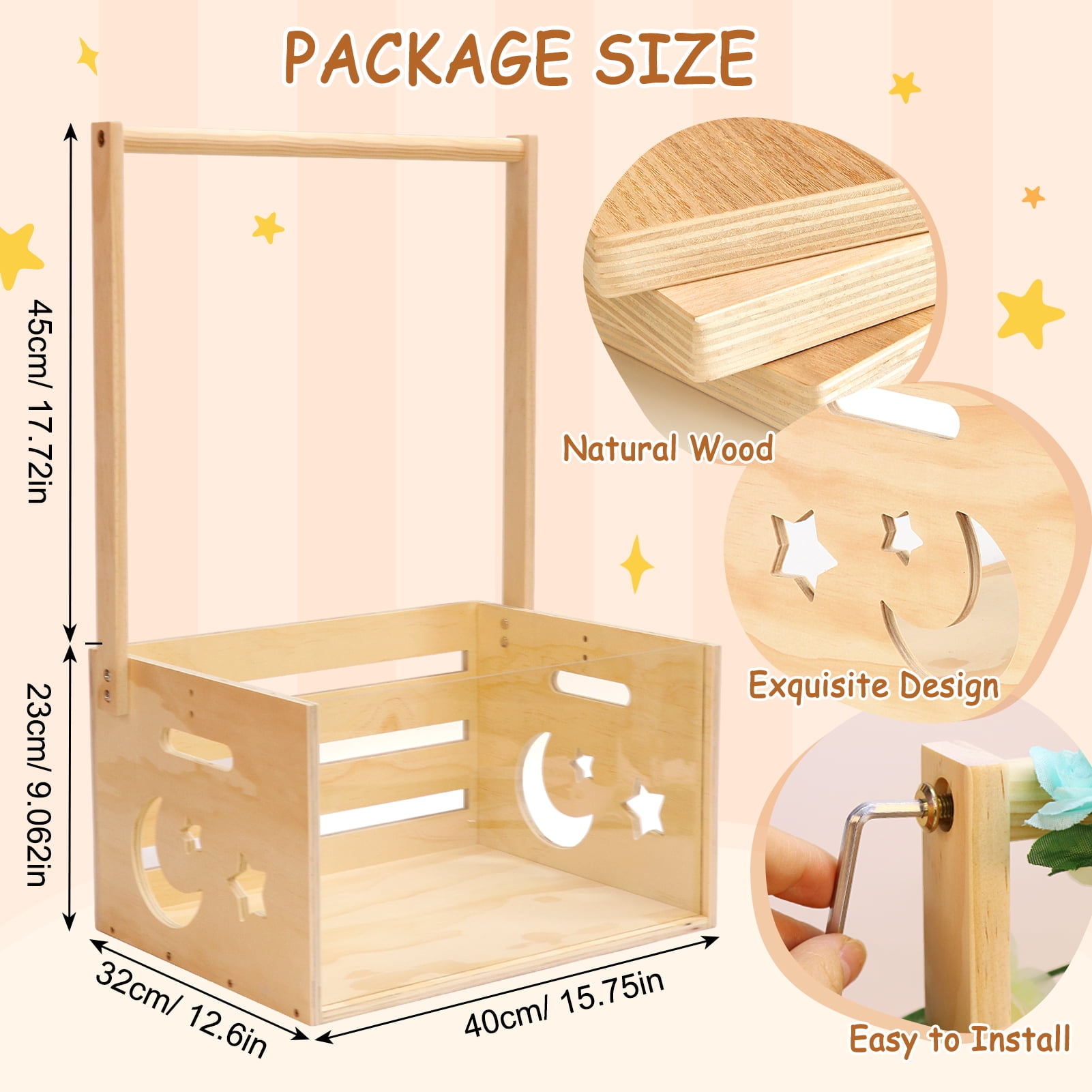 Baby Shower Crate Closet with Acrylic Clear Front Panel, Wood Shower Basket with Handle, Perfect Storage Crate for New Baby Gift