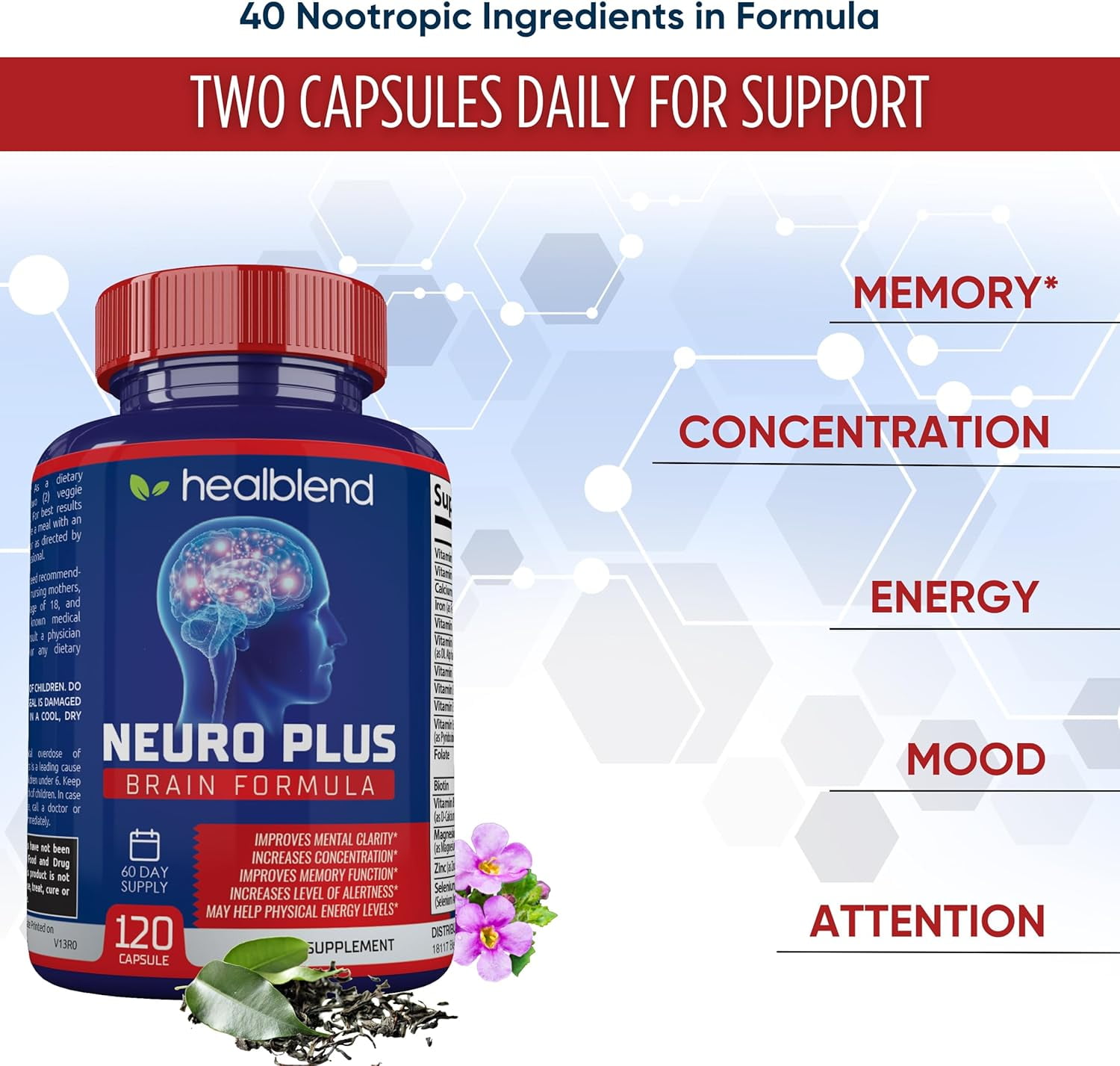 Healblend Neuro Plus Brain Booster Supplements - Brain & Focus Formula, Supports Memory, Concentration & Mental Clarity - 3-Pack