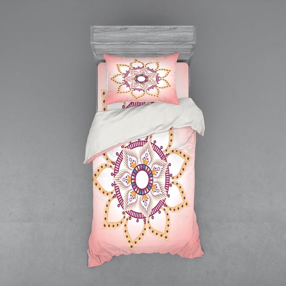 Mandala Duvet Cover Set, Bohemian 9 Petal Flower Nested Circular Simplistic Mandala, Bedding Set with Shams and Fitted Sheet, 3 Sizes, by Ambesonne