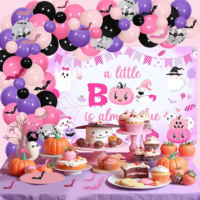 Halloween Baby Shower Balloon Arch Garland Kit, A Little Boo Is Almost Due Banner Backdrop, Bat Wall Stickers, Halloween Baby Shower Birthday Party Supplies for Girls