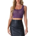 thumbnail image 1 of Top de malla transparente para mujer con escote en forma de barco, estrellas brillantes, sin mangas, top corto de fiesta, púrpura L, 1 of 1