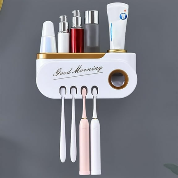 Latrodar Tray Bathroom Toothbrush Wall Toothpaste Dispenser, Toothbrush Holders For Bathrooms, 4 Cups Toothbrush Wall Mounted With Toothpaste Dispenser Gold