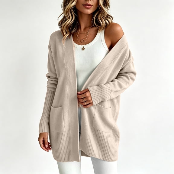 Sevevn Women's Fall Fashion Sweaters Open Front Mid Length Long Sleeve Cardigan Knit Tops with Pockets Versatile Winter Outfits for Work Office Shopping Walking Leisure