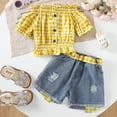 thumbnail image 2 of YuYuBao Toddler Girls Outfits Sets Summer Short Sleeve Yellow Plaid Print Tops With Distressed Denim Shorts Outdoor Casual Kids Girls 2 Piece Sets, 3-4 Years, 2 of 9