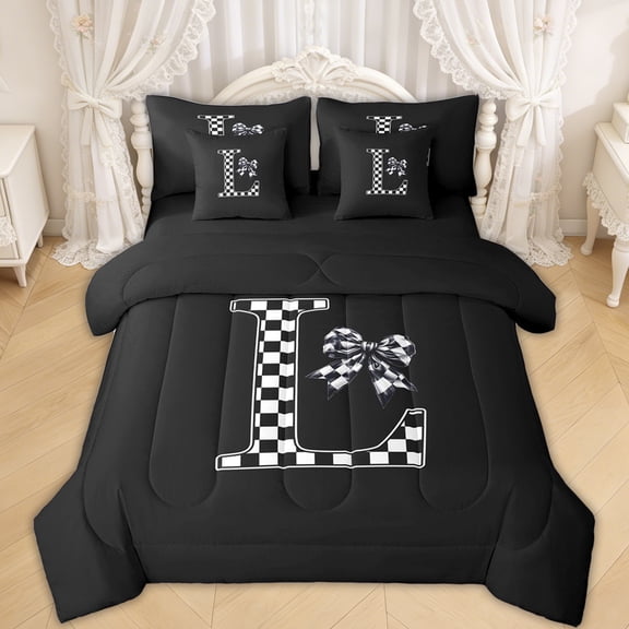 Erosebridal Checkered Bow Letter L Twin Bedding Sets for Girls, Black White Ribbon Bedding Comforter Set, Black Reversible, 7-Piece
