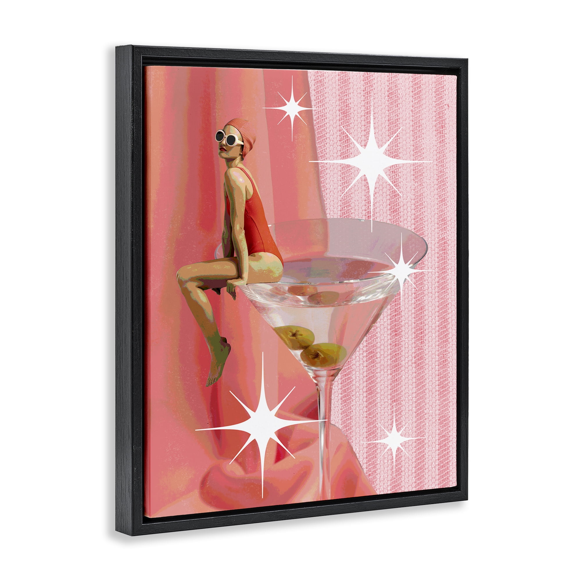 Stupell Industries Vintage Swimmer on Drink Food & Beverage Painting Black Floater Framed Canvas Art Print Wall Art, 25 x 31
