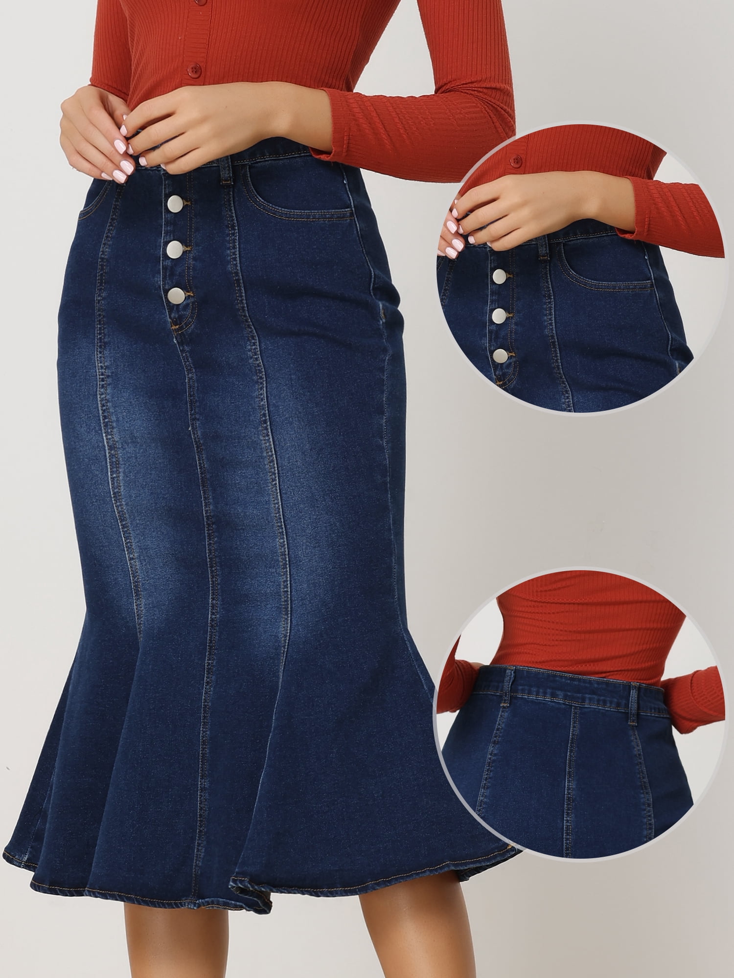 DARING DIVA Women's Soft Elegant Washed Fishtail Casual Midi Denim Skirt S Dark Blue