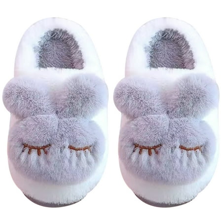 

EUBUY Winter Warm Furry Bunny Slippers Cute Cosy Fluffy Indoor Household Cotton Shoes White Grey for Size 30/31