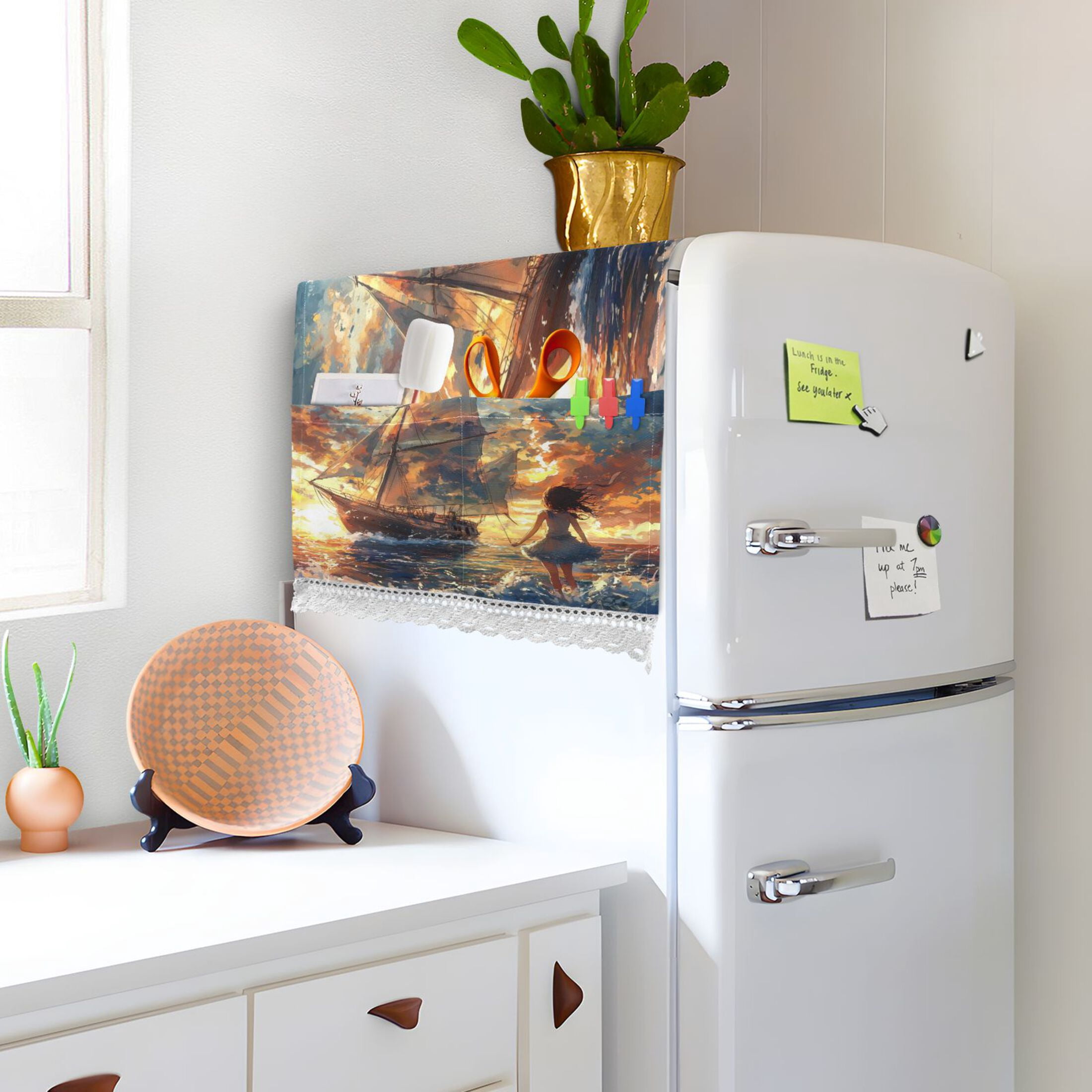 A Girl and SaiboatWasher and Dryer Covers Dust-Proof and Oil Resistant Fridge Cover with 4 Storage Pockets Washing Machine Top Cover for Laundry Kitchen Home 51.2 x 22 In